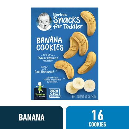 Banana cookies for toddlers, 5 oz pack – soft baked finger food snack for babies learning to self-feed.