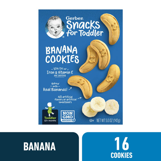 Banana cookies for toddlers, 5 oz pack – soft baked finger food snack for babies learning to self-feed.