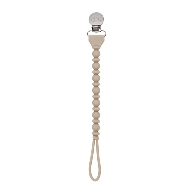 Beige pacifier clip with a beaded design on a white background