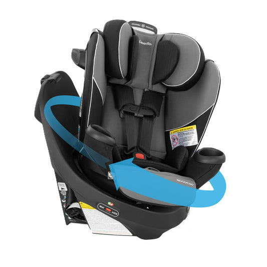 Black and gray car seat with blue arrows indicating movement on a white background