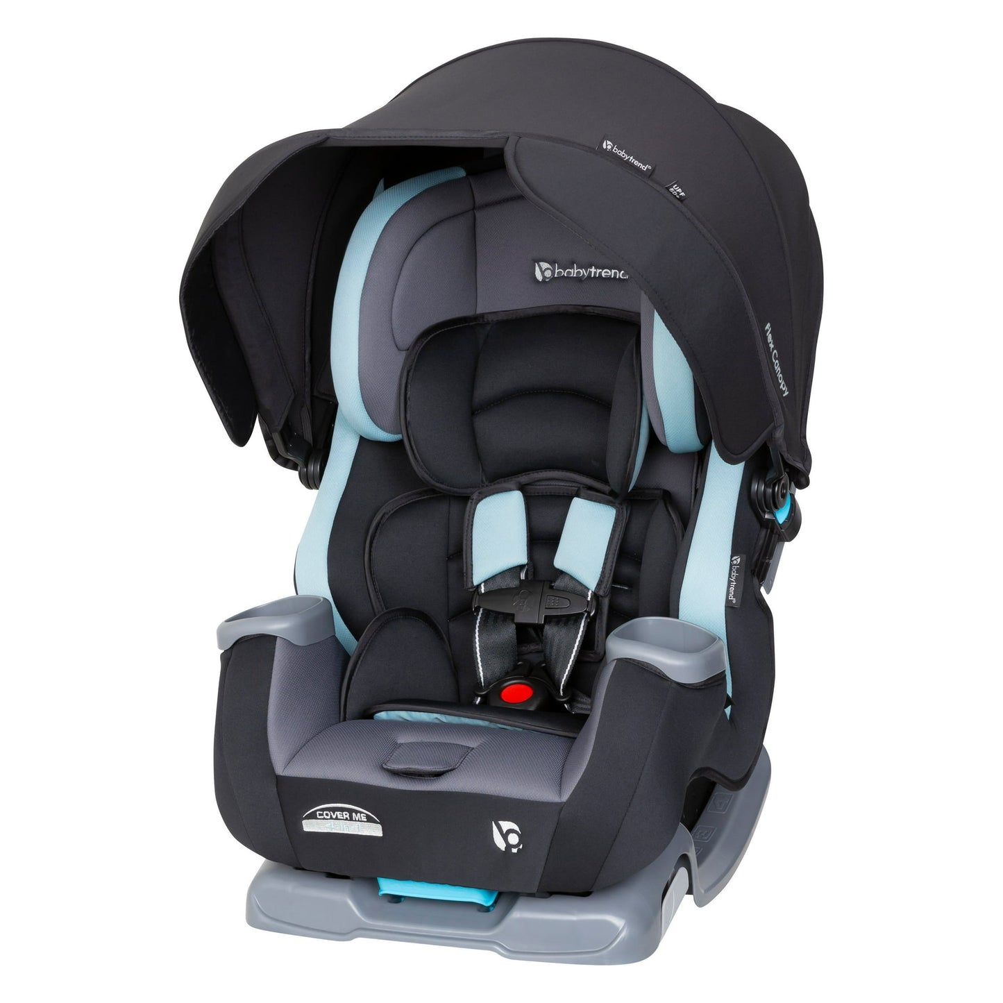 Black and gray car seat with light blue accents on a white background