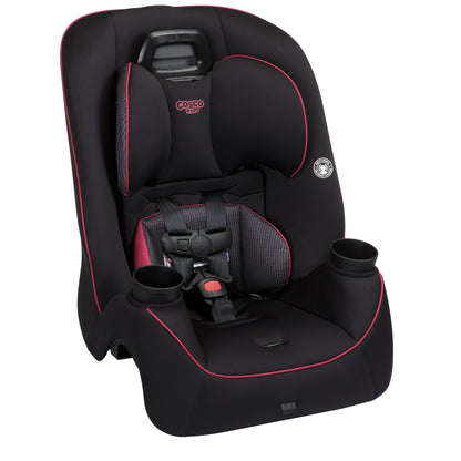 Black and red car seat with cup holders on a white background