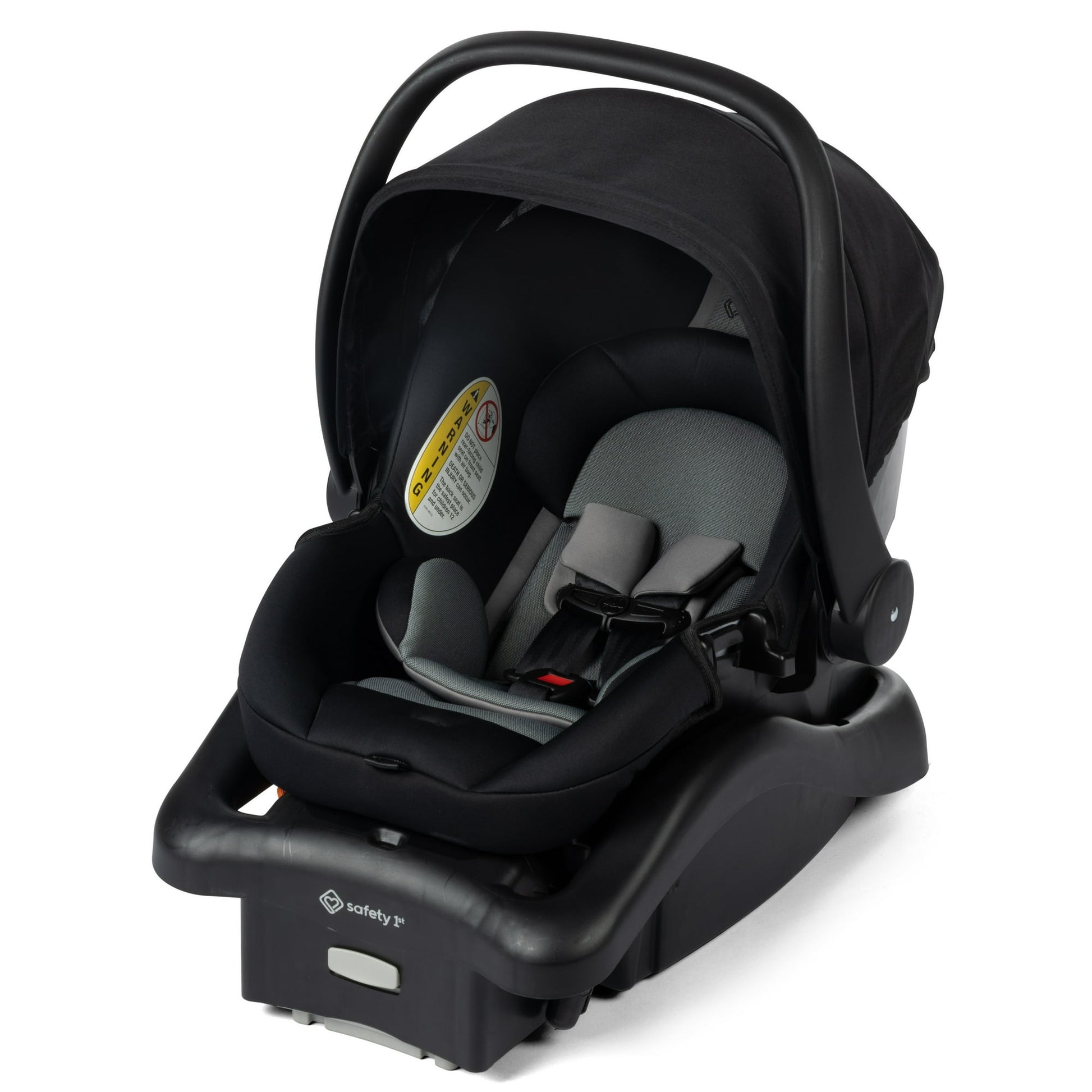 Black baby car seat with safety harness on a white background