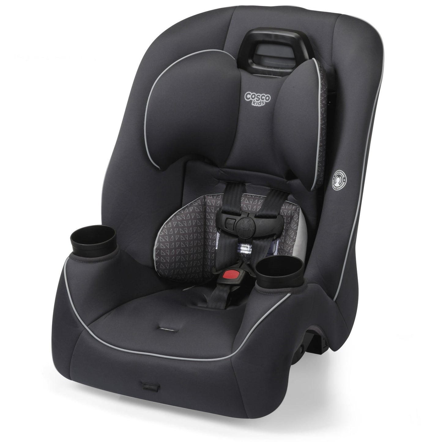 Black car seat with cup holders on a white background