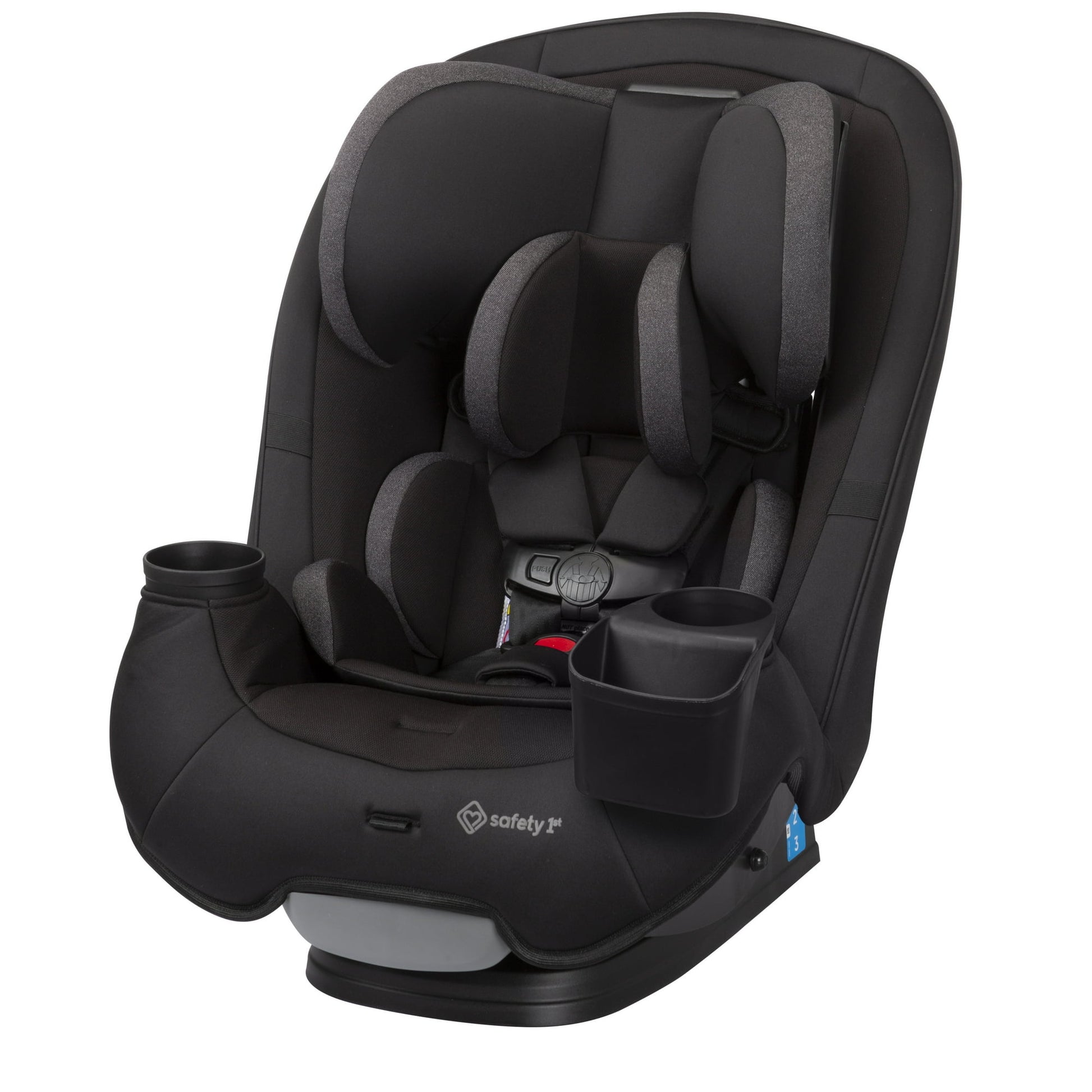 Black car seat with cup holders on a white background