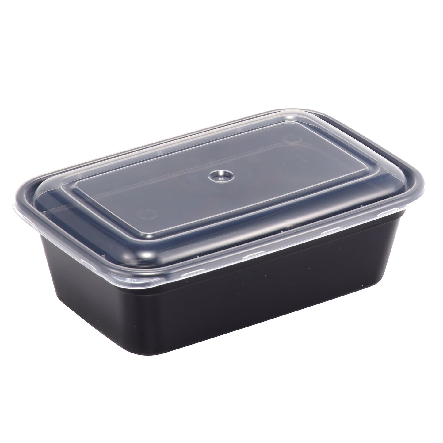 Black food container with a clear lid on a white background