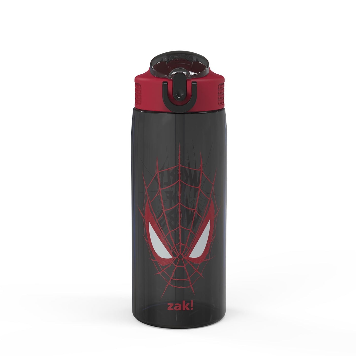 Black water bottle with red spider web design and branding on a white background