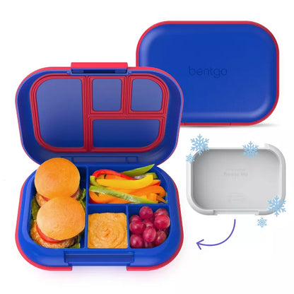 Blue and red lunch box with compartments filled with food items on a white background