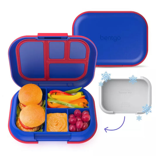 Blue and red lunch box with compartments filled with food items on a white background