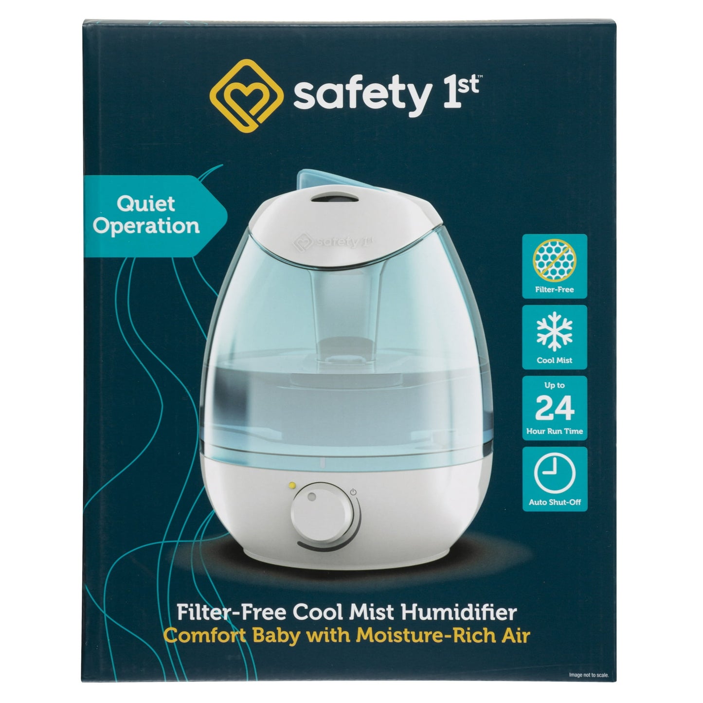 Blue humidifier packaging with product image and features on a blue background