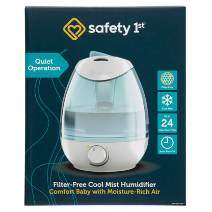 Blue humidifier packaging with product image and features on a blue background
