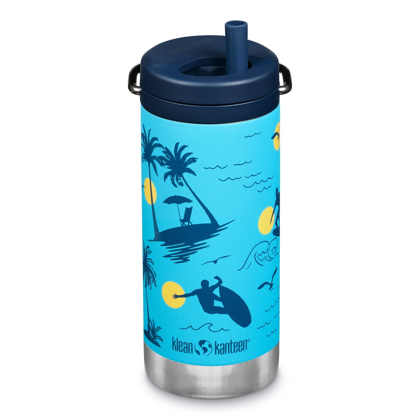 Blue tumbler with beach-themed design on a white background