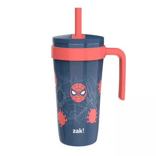 Blue tumbler with red lid and handle, featuring Spider-Man design, on a white background.
