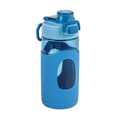 Blue water bottle with a transparent section on a white background
