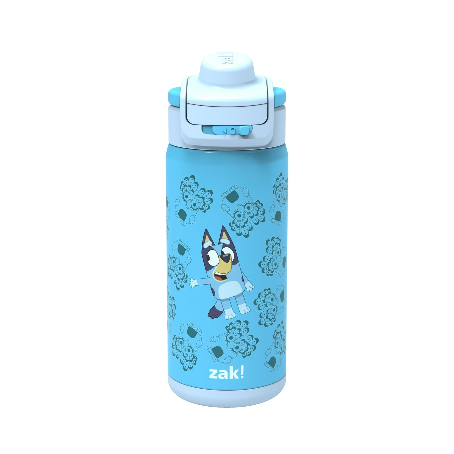 Blue water bottle with cartoon character and branding on a white background