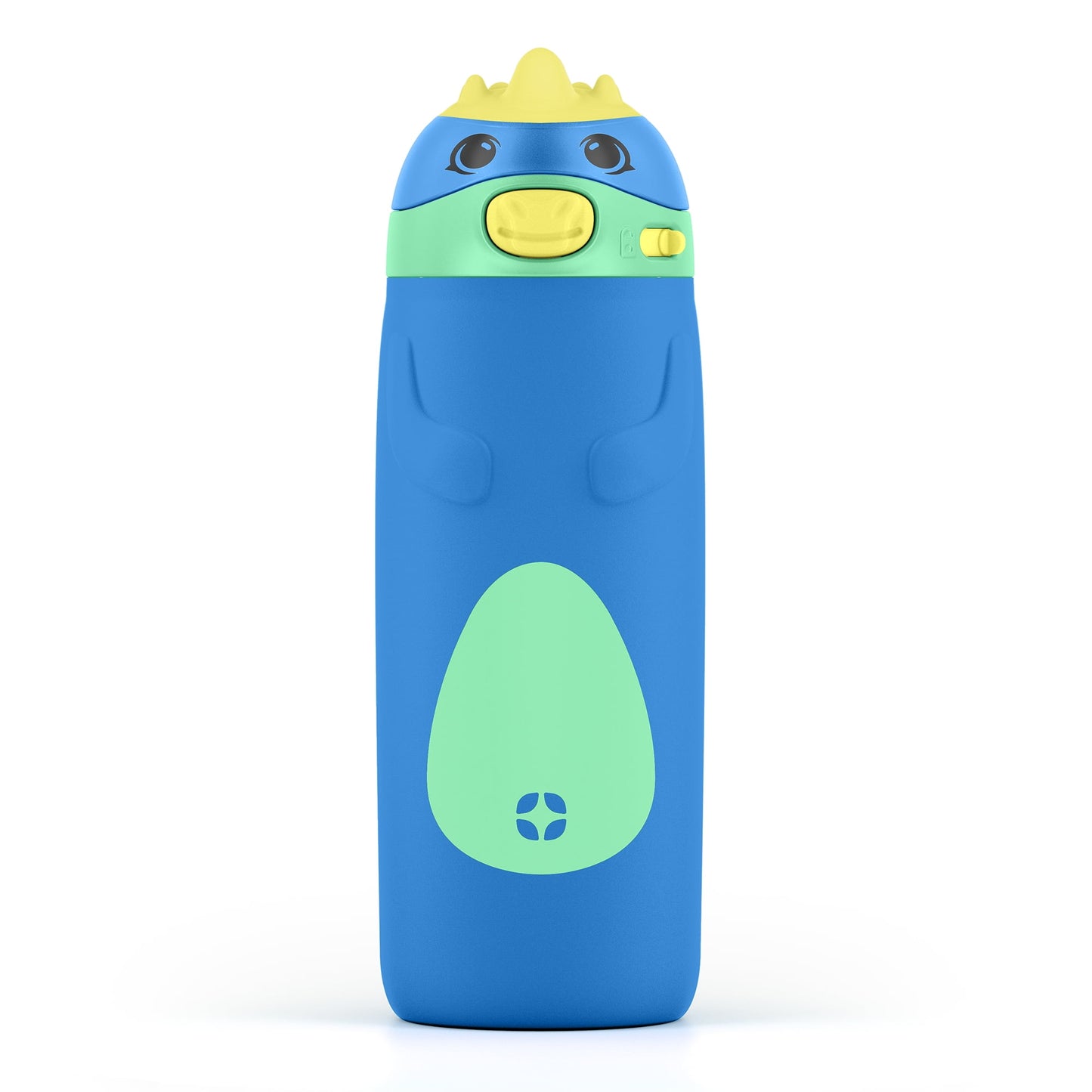Blue water bottle with cartoon face design on a white background