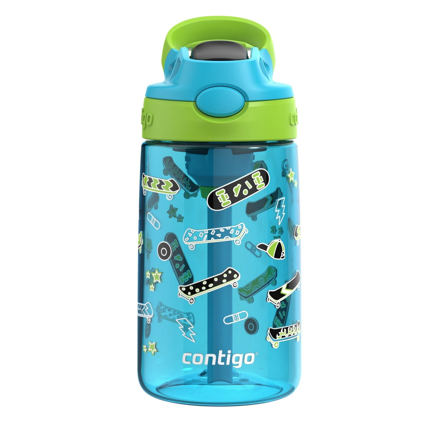 Blue water bottle with green lid and skateboard design on a white background