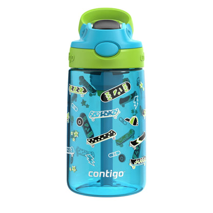 Blue water bottle with green lid and skateboard design on a white background