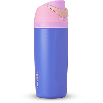 Blue water bottle with pink cap on a white background