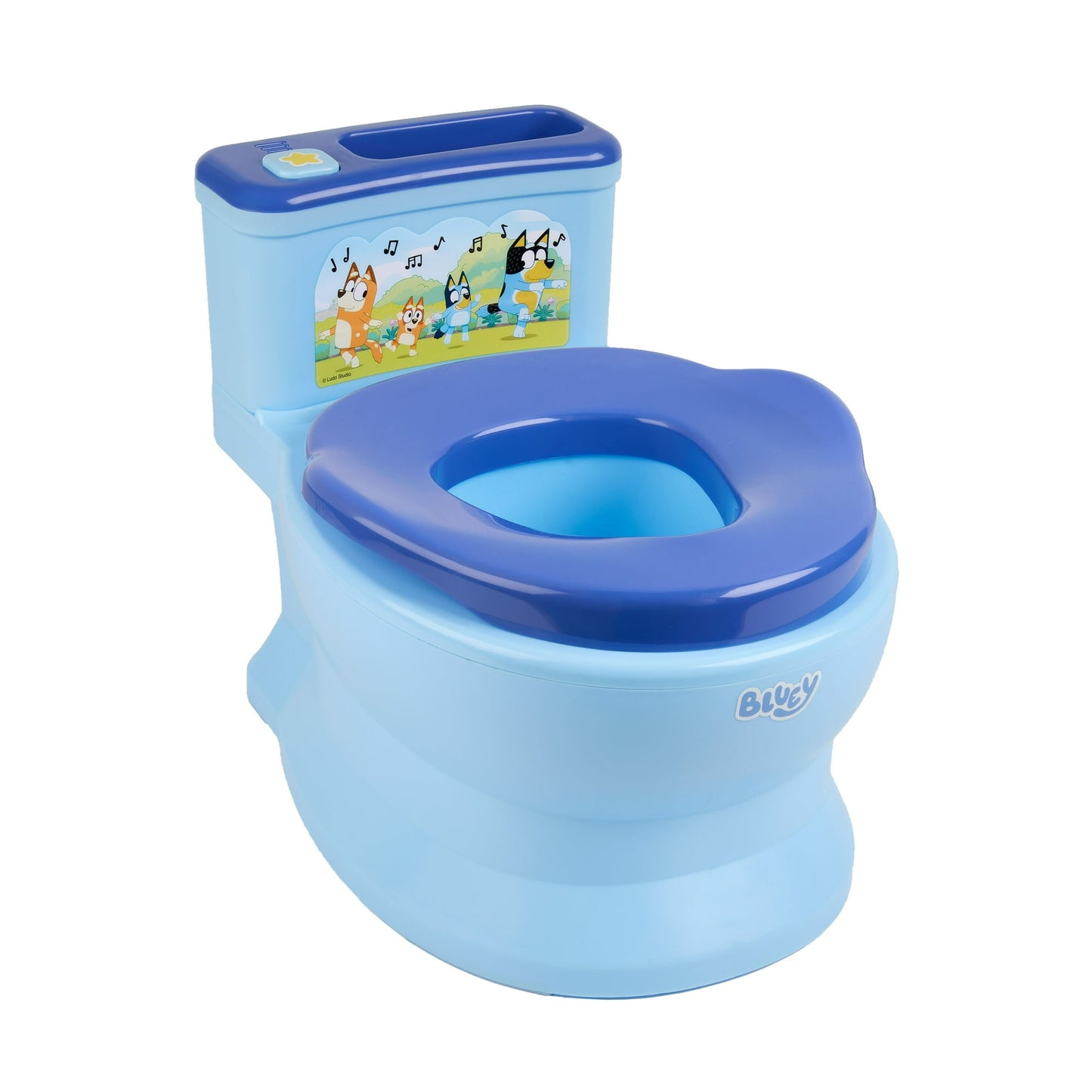 A light blue and dark blue child's potty training toilet with cartoon animal decorations displayed on a white background