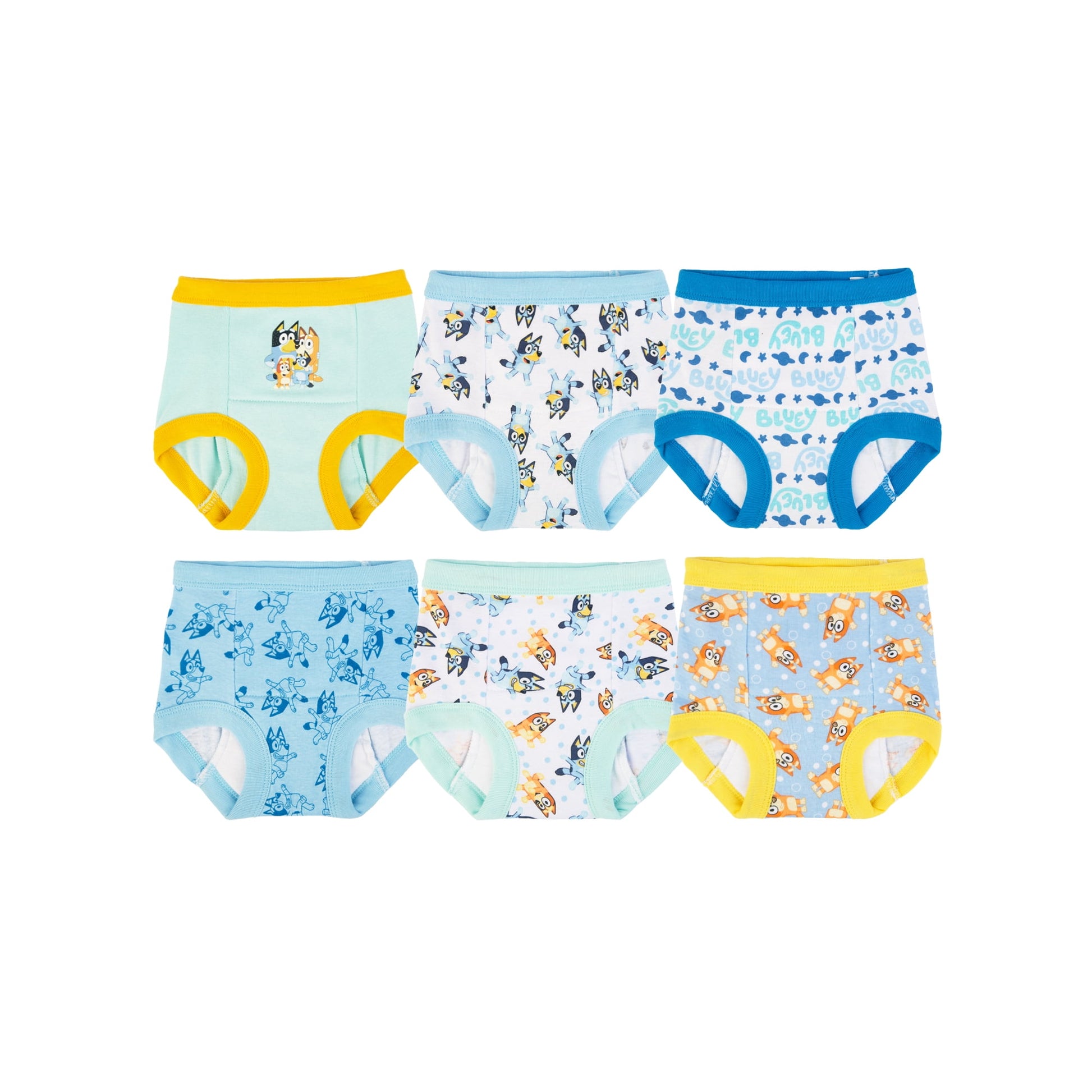 Six pairs of colorful, patterned toddler training pants are arranged on a white background