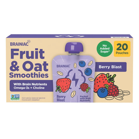 Box of Fruit & Oat Smoothies with Berry Blast flavor on a beige background