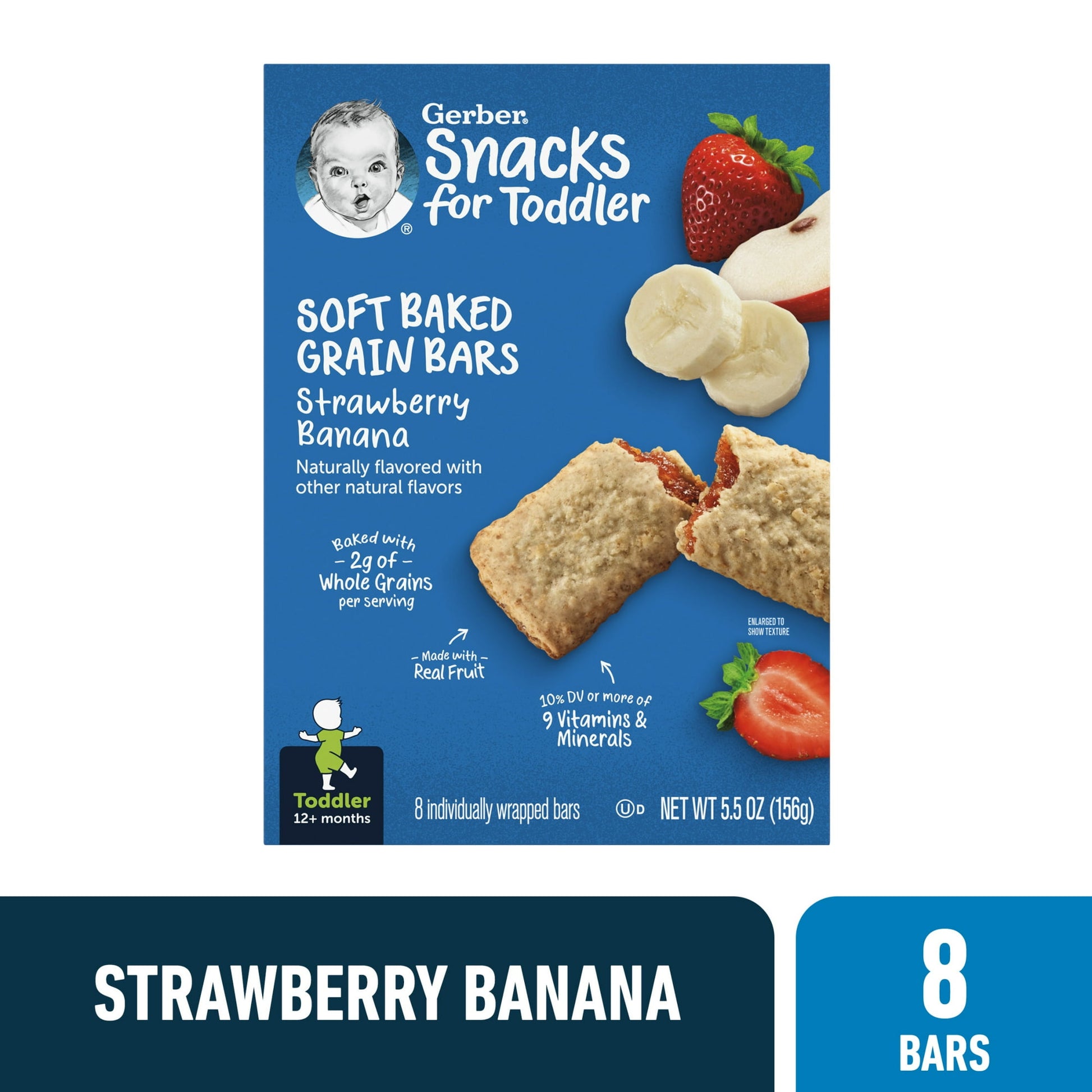Box of Snacks for Toddler Soft Baked Grain Bars Strawberry Banana flavor on a white background