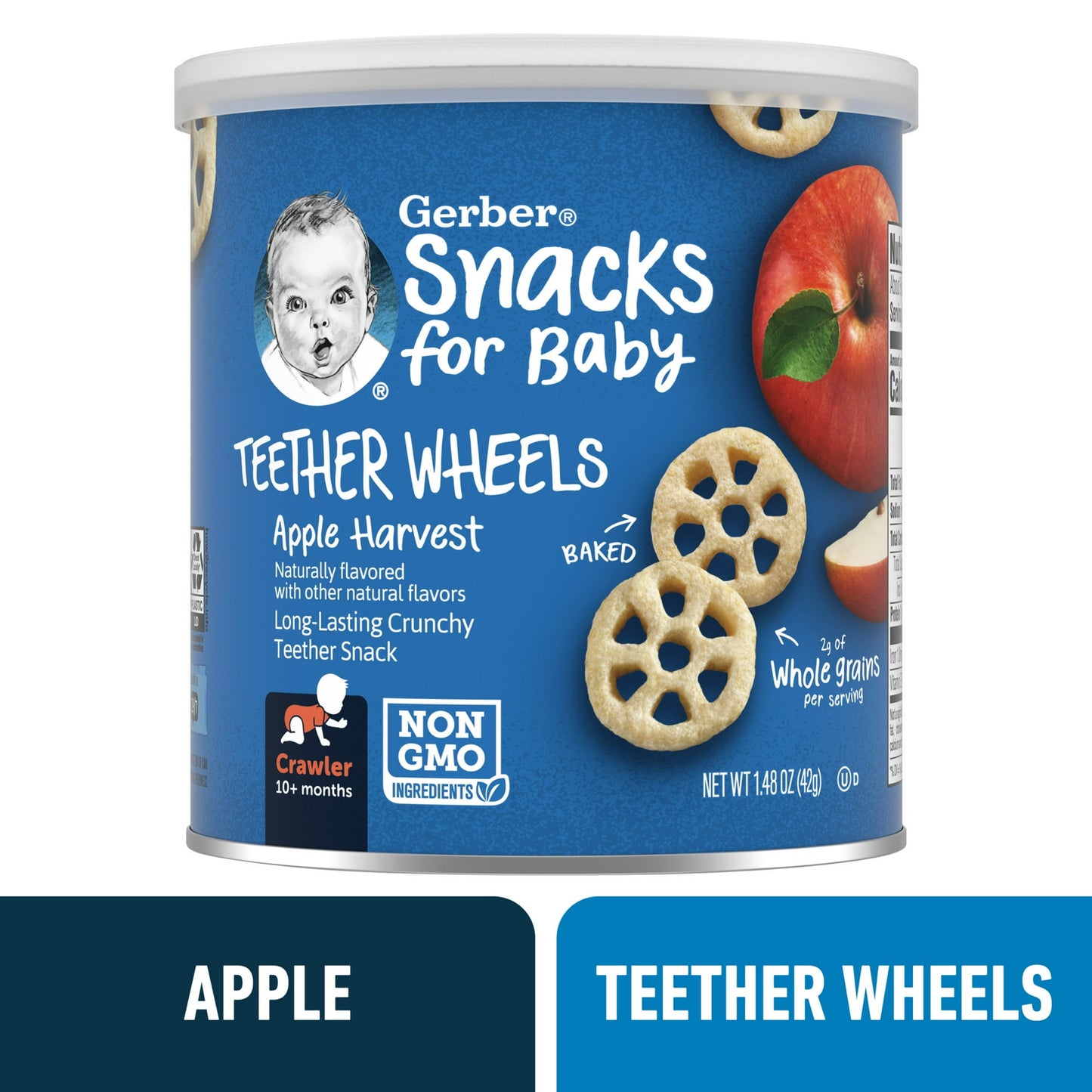 Can of Snacks for Baby Teether Wheels with blue label and apple illustration