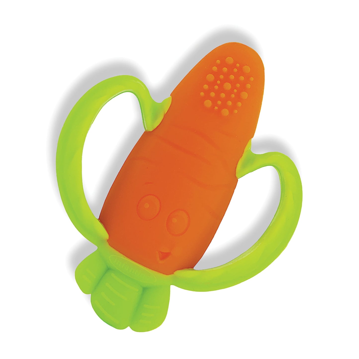 Carrot-shaped baby teether with green handle on a white background