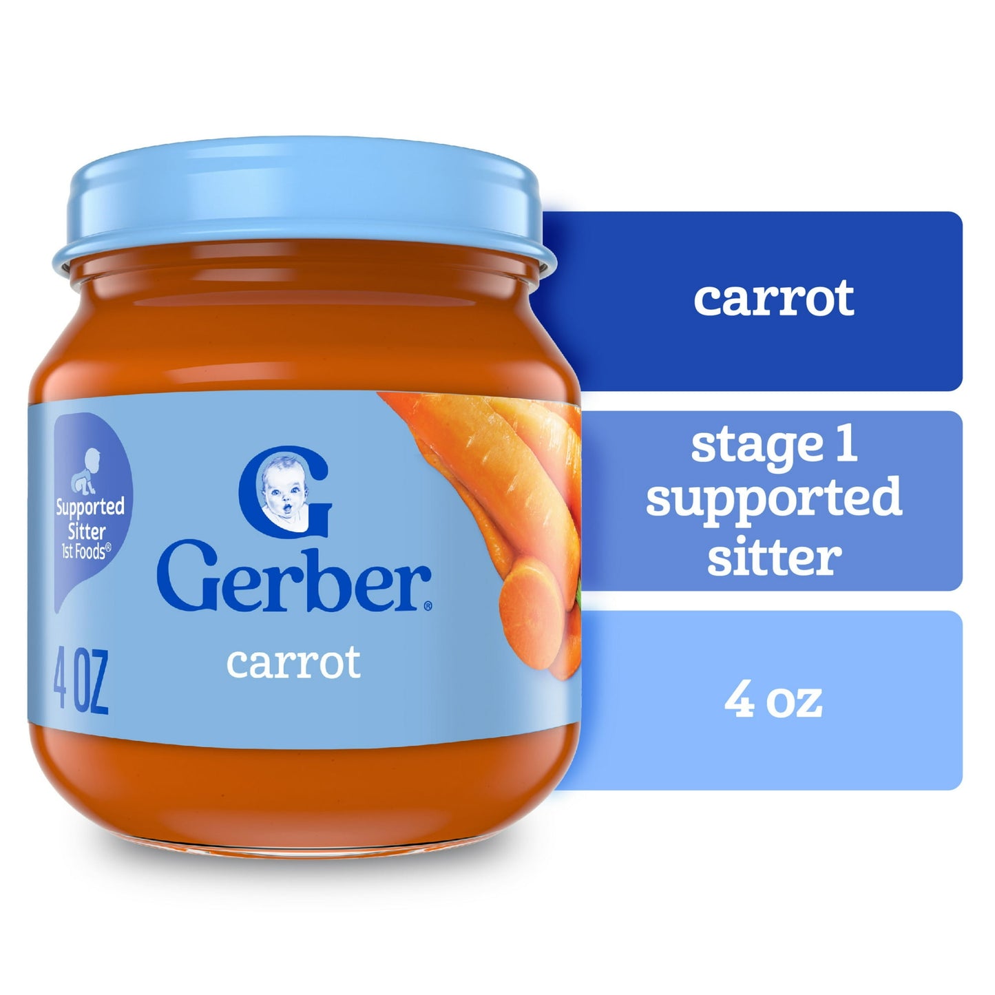 Carrot puree baby food of smooth 4 oz jars for stage 1 infants.