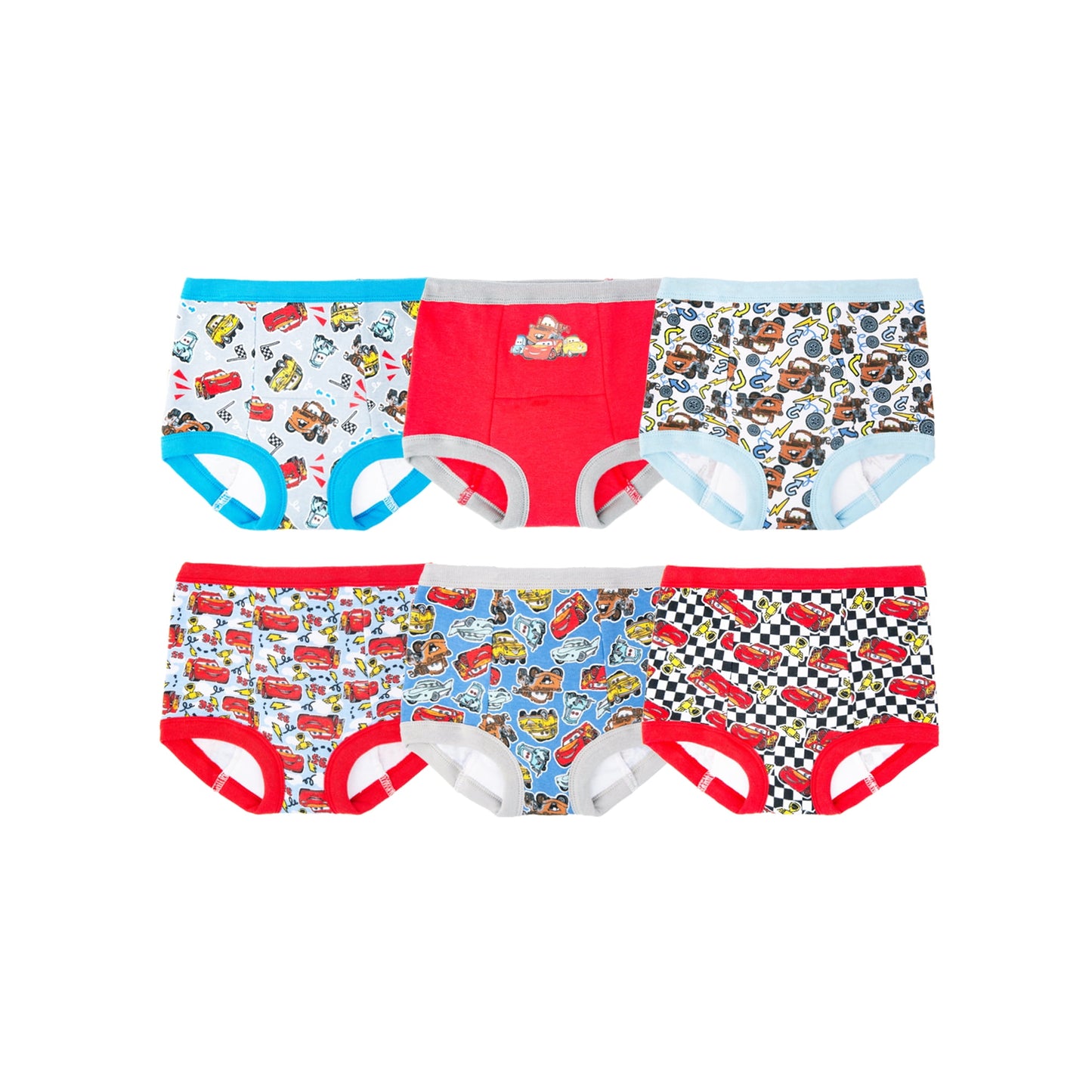 Six pairs of colorful boys' briefs with cartoon car patterns are displayed on a white background