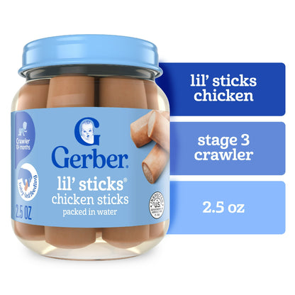 Chicken lil’ sticks baby food, 2.5 oz jar – stage 3 protein-rich meal for toddlers learning to self-feed.