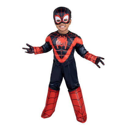 Child wearing a Spider-Man Halloween costume on a white background