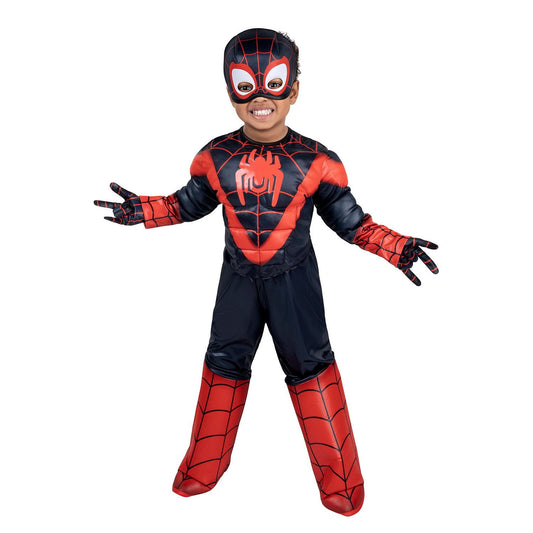Child wearing a Spider-Man Halloween costume on a white background