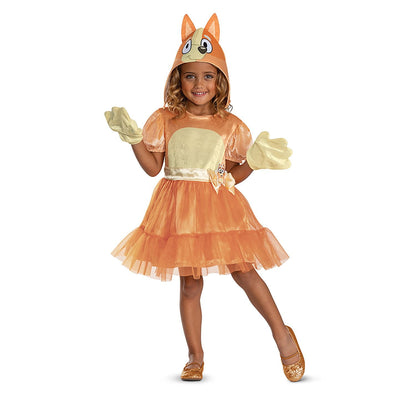 Child wearing a fox Halloween costume with a hood and dress on a white background