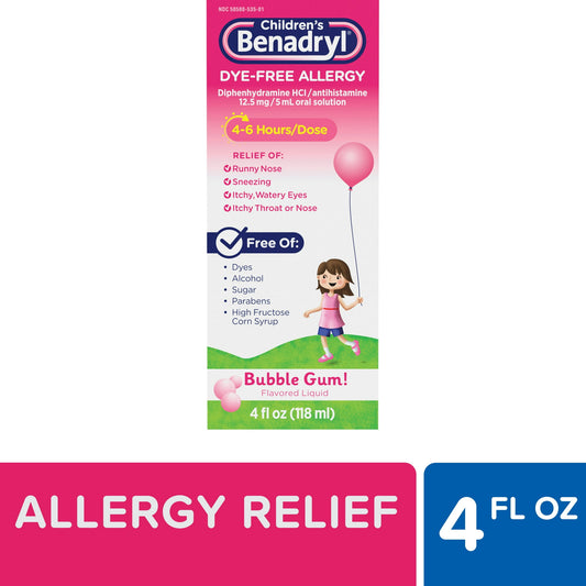 Childrens Benadryl Dye-Free Allergy Liquid, Bubble Gum