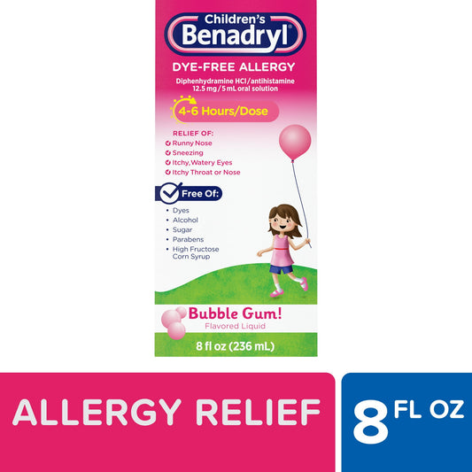 Childrens Benadryl Dye-Free Allergy Liquid, Bubble Gum