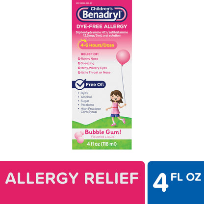 Children's allergy relief bottle packaging with bubble gum flavor on a white background