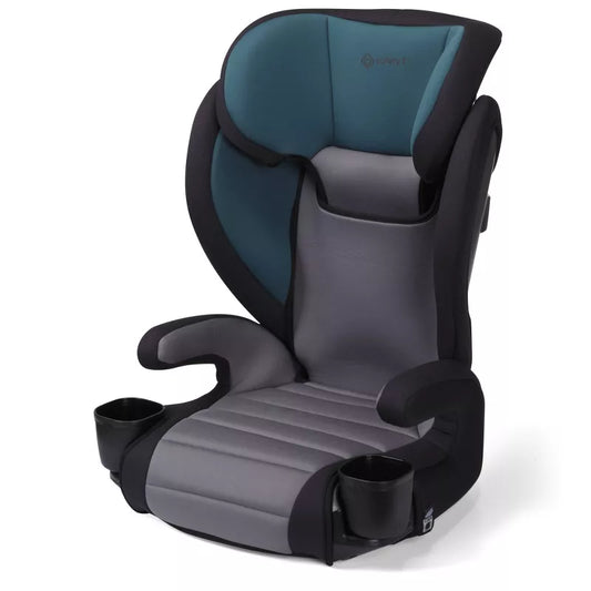 Children's car seat with blue and gray design on a white background