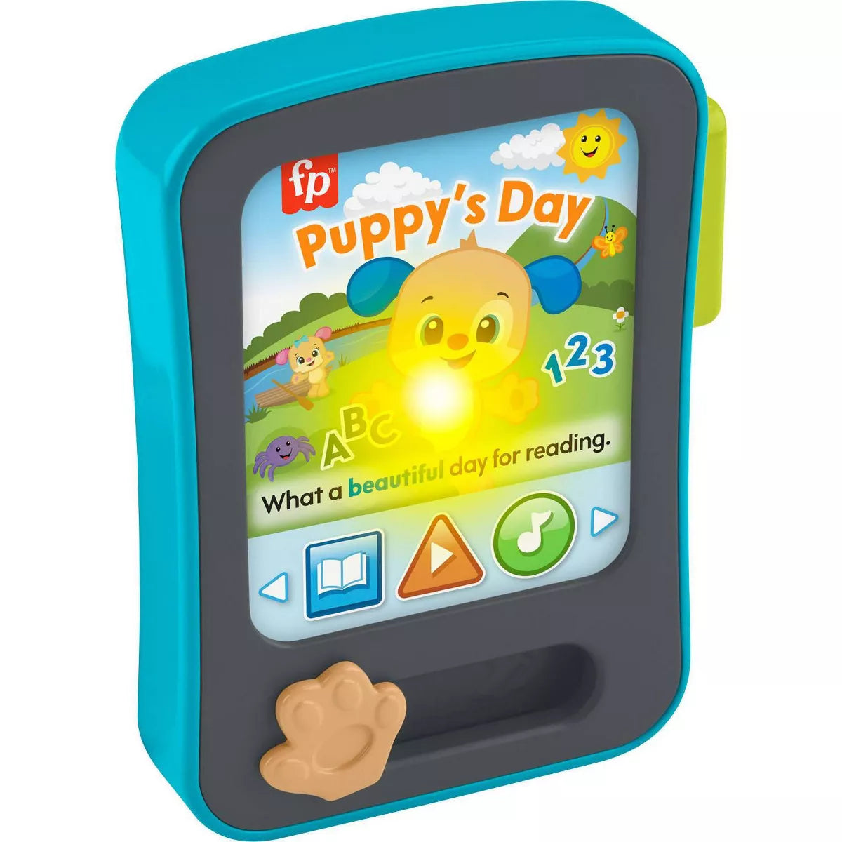 Children's educational device with a screen displaying 'Puppy's Day' on a white background