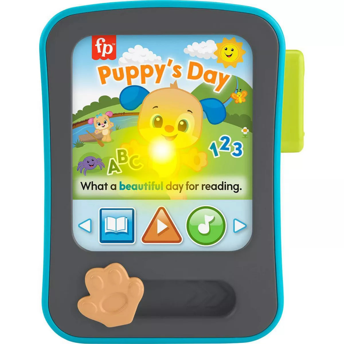 Children's educational device with a screen displaying 'Puppy's Day' on a white background