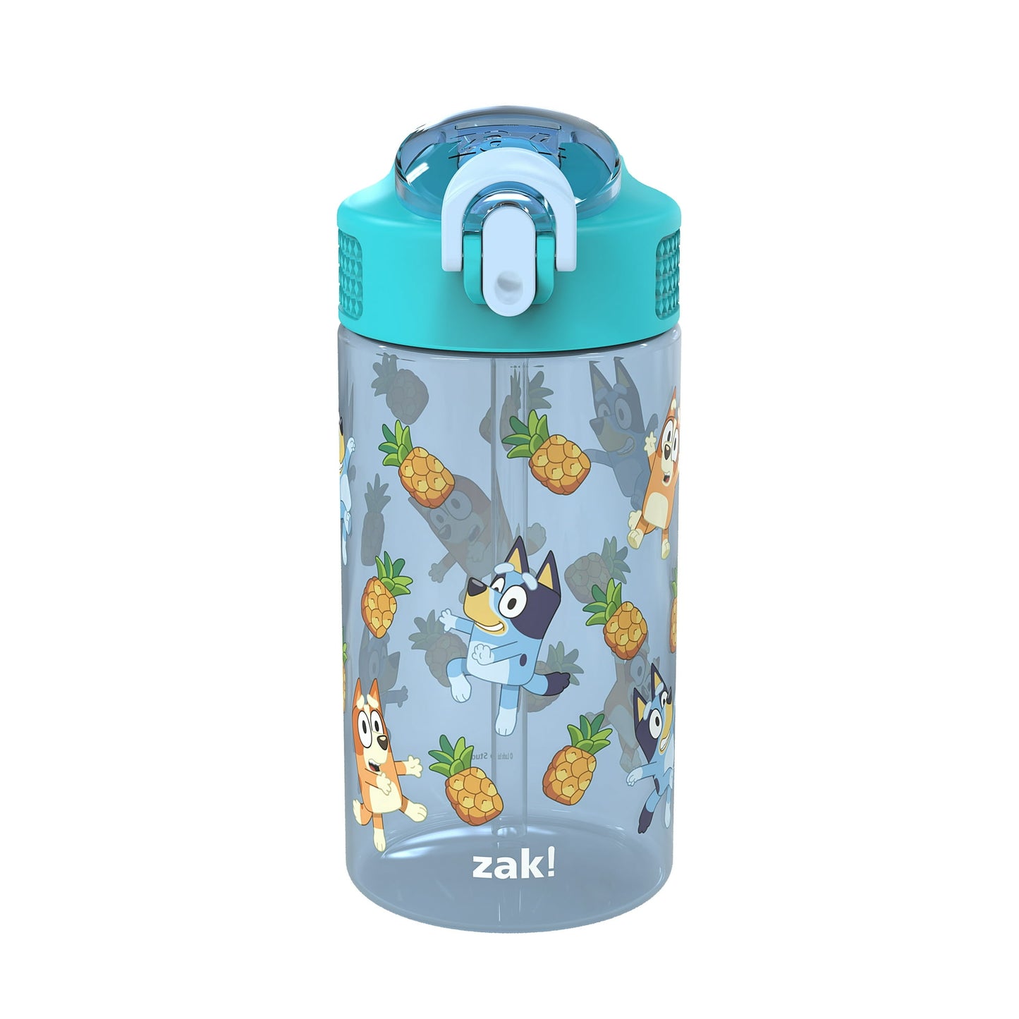 Children's water bottle with cartoon design and blue lid on a white background
