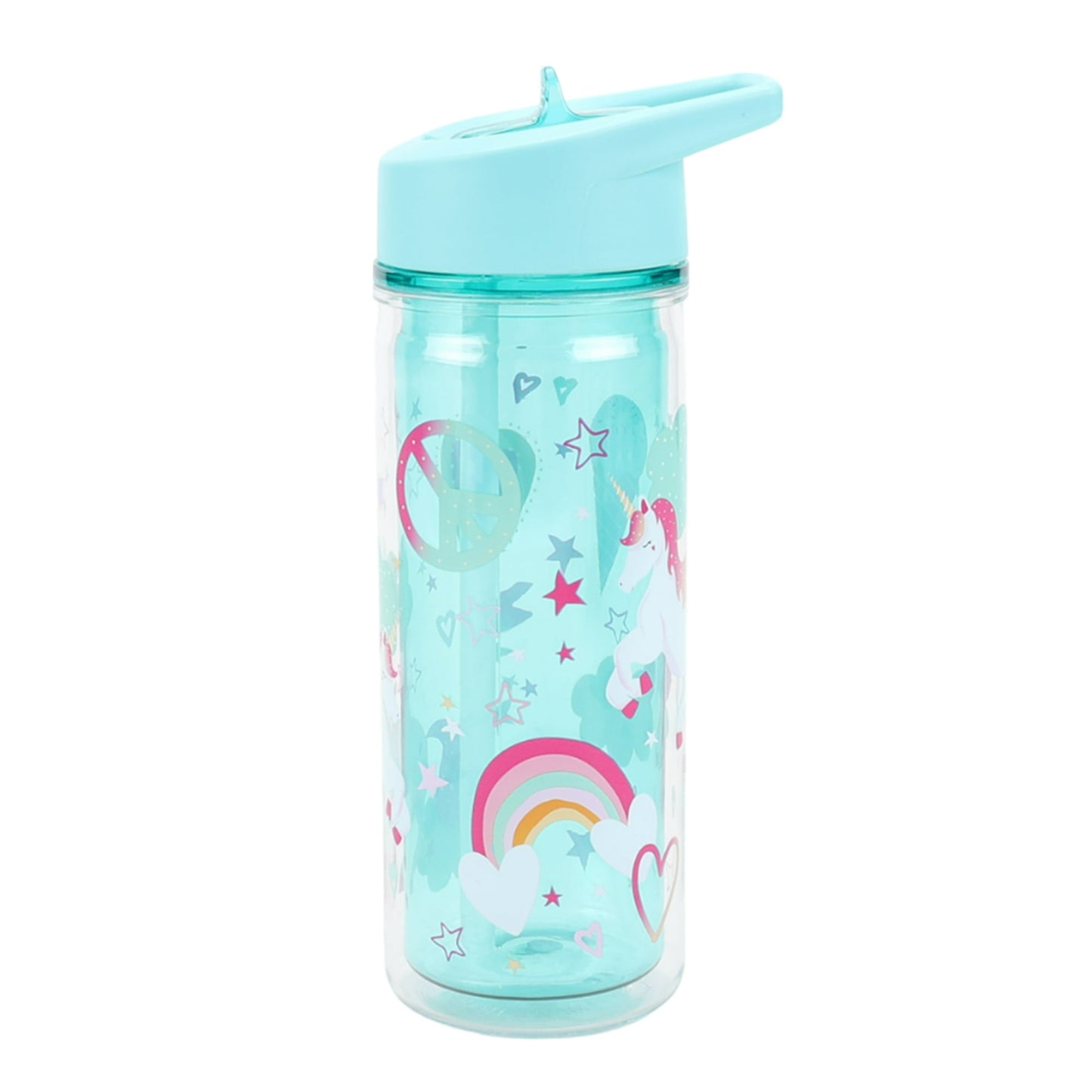Children's water bottle with unicorn and rainbow design on a white background