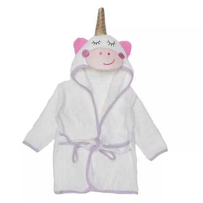 Children's white bathrobe with unicorn hood on a white background