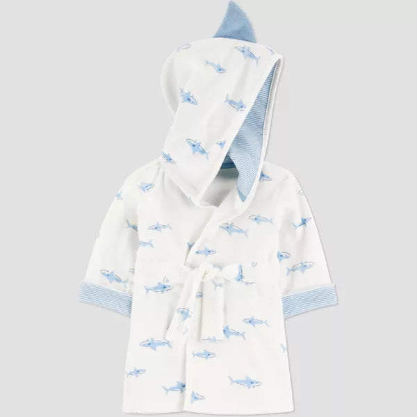 Children's white hooded robe with blue airplane pattern on a light gray background