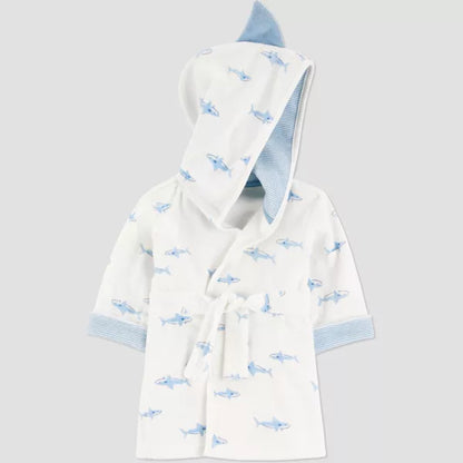 Children's white hooded robe with blue airplane pattern on a light gray background