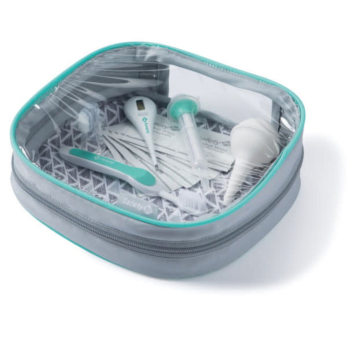 Clear travel case with baby care items including bottles and a thermometer on a white background