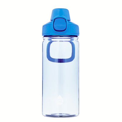 Clear water bottle with a blue lid on a white background