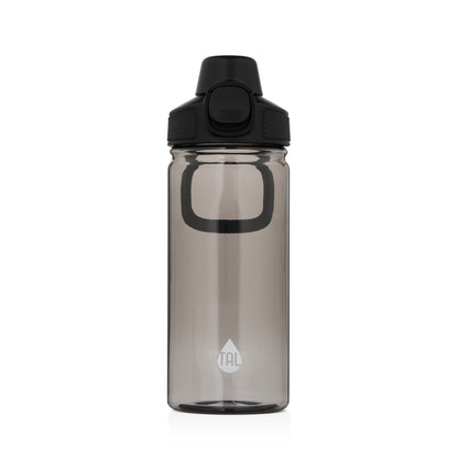 Clear water bottle with black lid on a white background