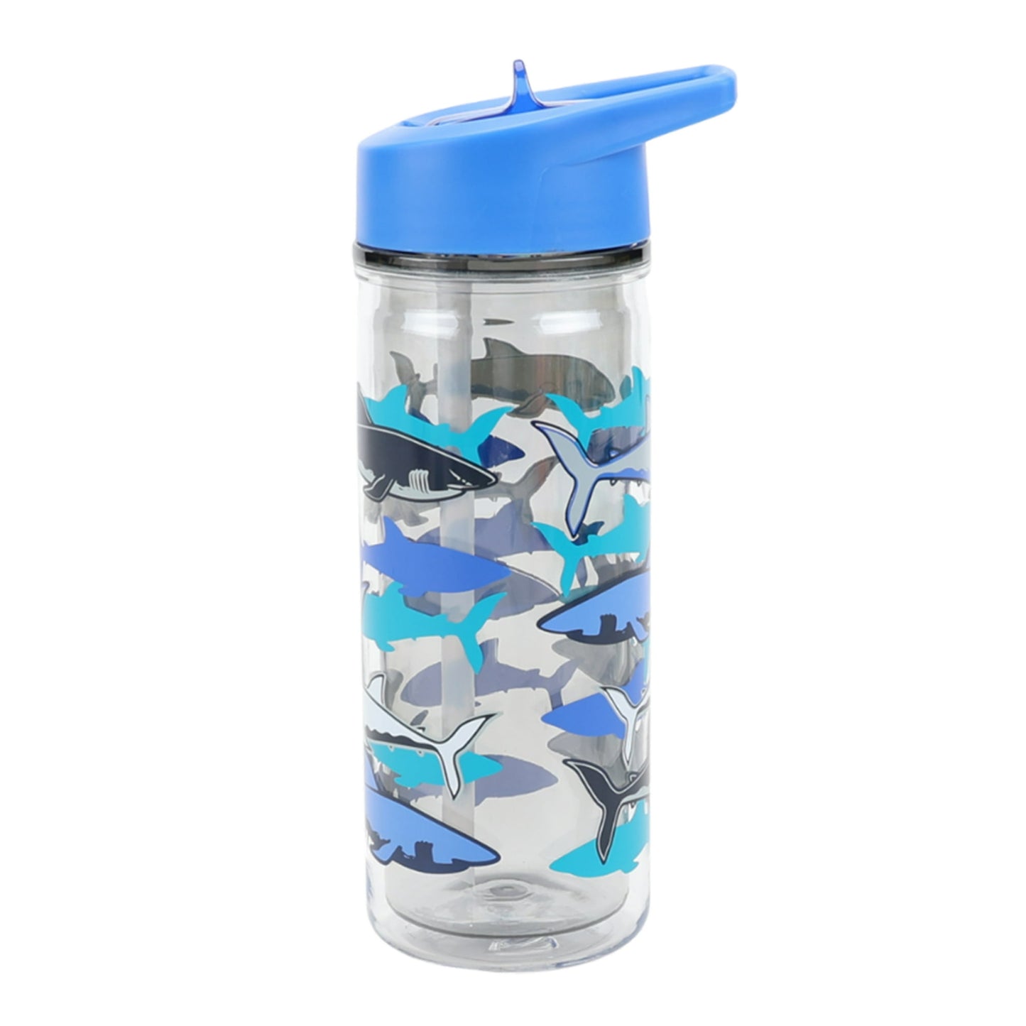 Clear water bottle with shark pattern and blue lid on a white background